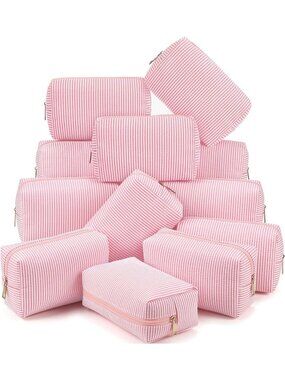 12 Pcs Striped Seersucker Cosmetic Bags Set - Coral Pink Zippered Pouches
